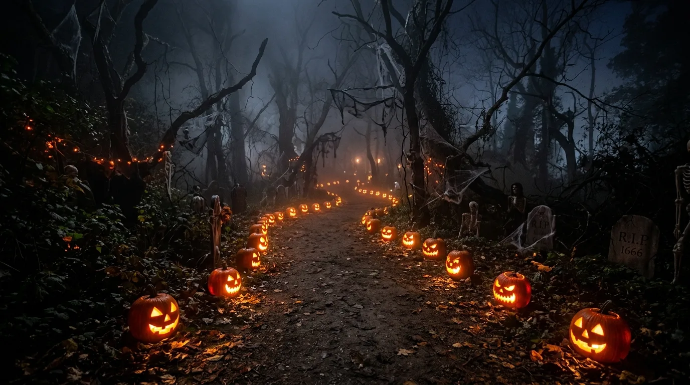 Spooky outdoor Halloween decor creating a haunted yard display.